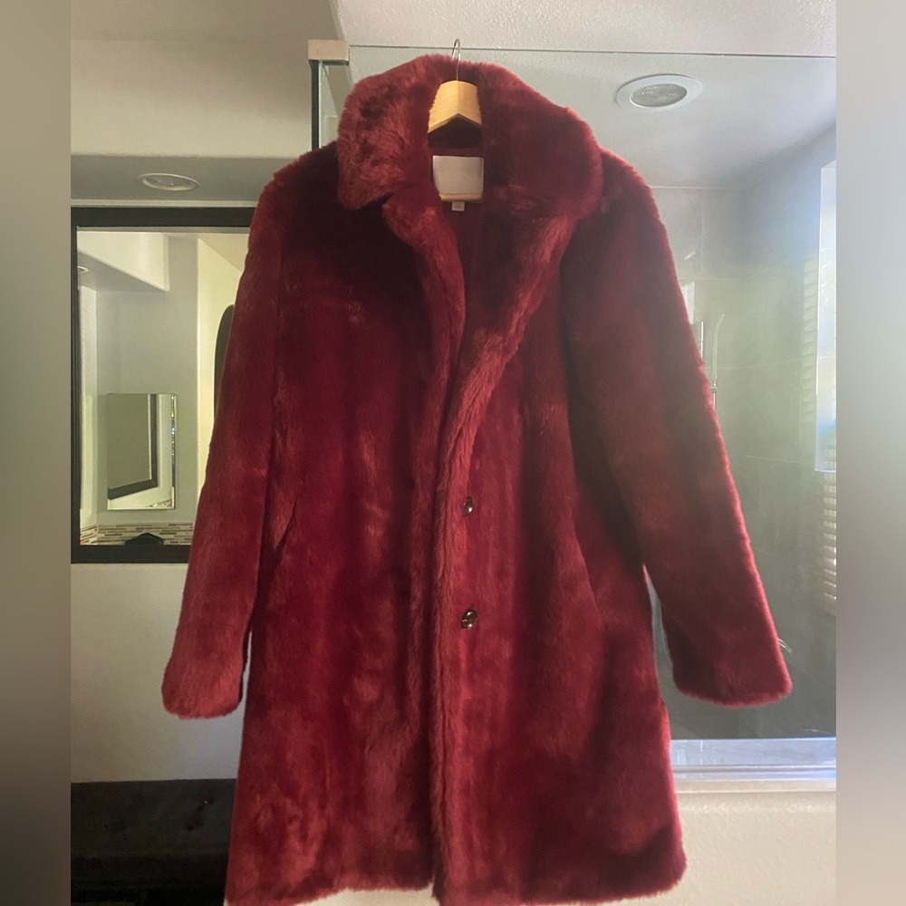Anthropologie Burgundy Faux Fur Teddy Coat